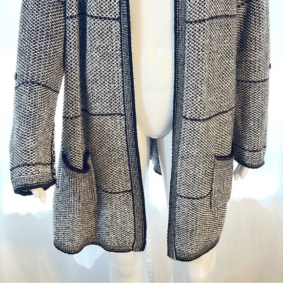 Chicos Black White Tweed Cotton Blend Open Front Tunic Cardigan Sweater Sz L/XL - Picture 3 of 11